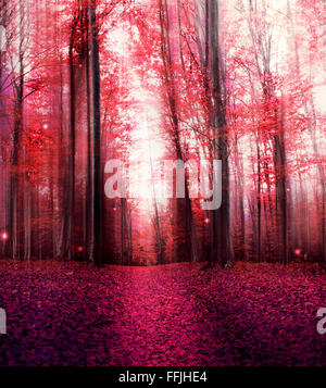 Forêt magique rouge avec brouillard et des lumières mystérieuses Banque D'Images