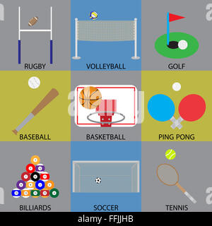 L'icône de jeu de balle de basket-ball, football, volley-ball et golf. Basket Ball sport, sport, sport, tennis, volley-ball le sport. Vector Banque D'Images