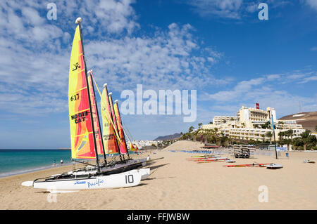 Hobie cats et windsurfs, échoué sur le sable à Morro del Jable, Fuerteventura, Îles Canaries, Espagne Banque D'Images