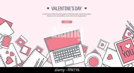 Vector illustration. Fond plat avec ordinateur, ordinateur portable. L'amour, coeurs. Valentines Day. Be My Valentine. 14 février. Message. Illustration de Vecteur