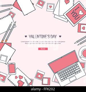 Vector illustration. Fond plat avec ordinateur, ordinateur portable. L'amour, coeurs. Valentines Day. Be My Valentine. 14 février. Message. Illustration de Vecteur