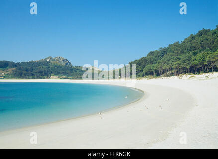 Plage de Rodas. Des îles Cies, parc national des Îles de l'Atlantique, province de Pontevedra, Vigo, Galice, Espagne. Banque D'Images