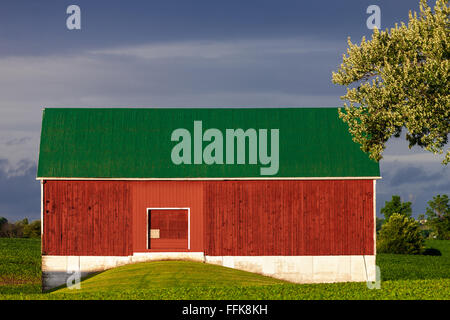 Un paysage couleur photo montrant barn contre un sombre ciel bleu après un orage d'été en Ontario, Canada. Banque D'Images