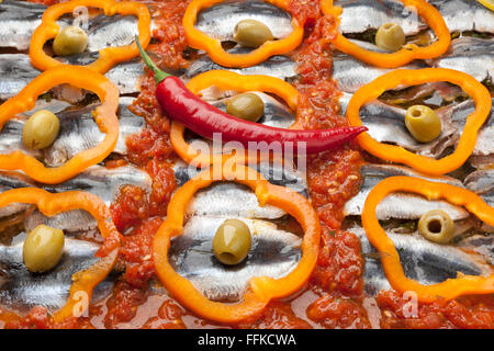 Sardine recette plat traditionnel Marocain avec des olives, poivrons et piment, full frame Banque D'Images