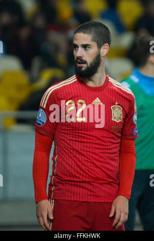 Isco lors de l'Euro 2016 football match de qualification entre les équipes nationales de football de l'Ukraine et l'Espagne Banque D'Images