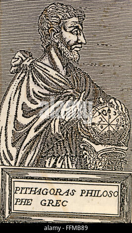 Pythagore de Samos, vers 580/572 - 500/490 av. J.-C., mathématicien et philosophe grec, image idéale, gravure, fin du XVIe siècle, collection privée, Banque D'Images