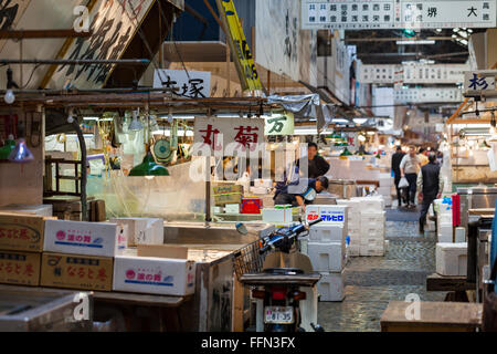 TOKYO - 11 mai : Les acheteurs visitent le marché aux poissons de Tsukiji, le 11 mai 2014 à Tokyo. C'est le plus grand marché de gros poissons et fruits de mer Banque D'Images