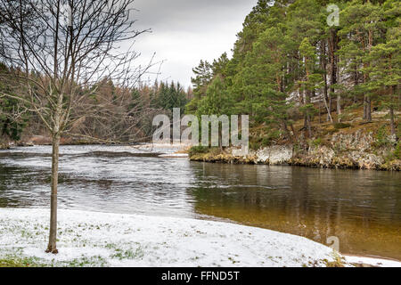 Le saumon d'HIVER PISCINE SUR LA RIVIÈRE SPEY À TAMDHU l'ÉCOSSE AVEC LA NEIGE SUR LES BERGES LE LONG DE LA VOIE DE SPEYSIDE Banque D'Images