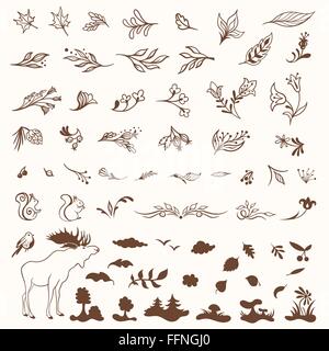 Ensemble de symboles nature croquis élégant - feuilles, fleurs, animaux pour la conception Illustration de Vecteur