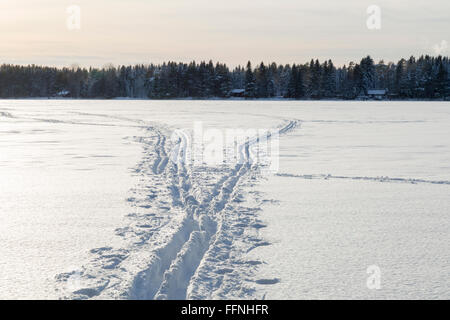 Des pistes de ski de fond sur le lac à Umea, Suède Banque D'Images