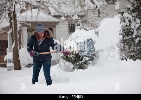 London, Canada - le 24 novembre 2013. Une jeune femme pelles son allée après plus de 30cm de neige sont tombés sur la ville. Banque D'Images