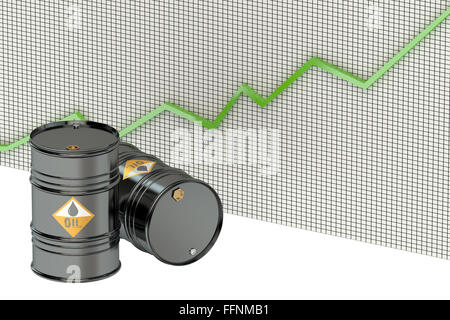 Barils de pétrole avec tableau vert isolé sur fond blanc Banque D'Images