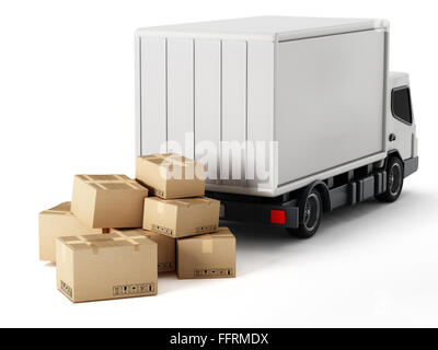 Camion de transport avec des boîtes de carton isolé sur fond blanc Banque D'Images