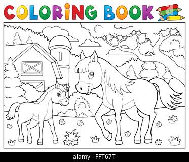 Livre de coloriage cheval avec poulain Thème 2 - photo illustration. Banque D'Images