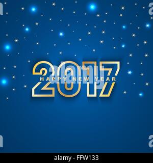 2017 Carte de vœux du Nouvel An avec des étoiles et des projecteurs sur fond bleu Illustration de Vecteur