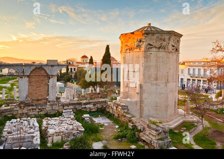 Vestiges de l'Agora romaine et la Tour des vents à Athènes, Grèce. Banque D'Images