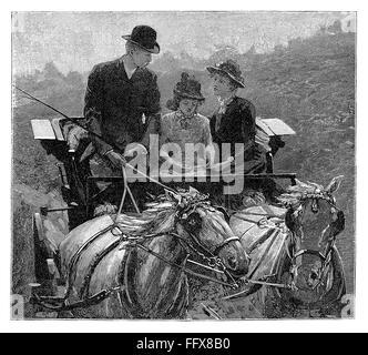 Gravure en noir et blanc d'un chariot et deux chevaux conduit par un gentleman victorien avec deux dame passagers. Banque D'Images