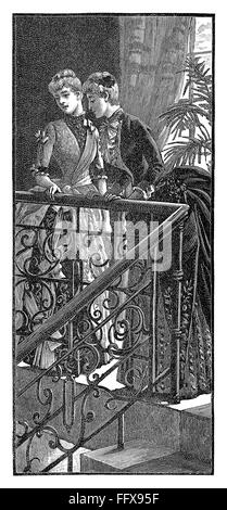 Gravure en noir et blanc de deux dames victorienne sur un balcon. Banque D'Images