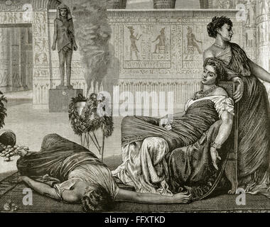 Cléopâtre VII Philopator (69-30 av. J.-C.). Reine de l'Egypte. La mort de Cléopâtre. La gravure. 'La Ilustracion Española y Americana', 1872. Banque D'Images