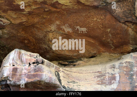 Peintures rupestres montrant les animaux sur abris sous roche n° 3 dix mille ans à Bhimbetka près de Bhopal, Madhya Pradesh Banque D'Images