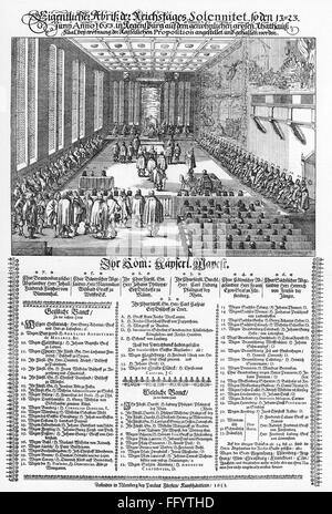 La politique, le parlement, l'Allemagne, diète impériale 1653 - 1654, session, dans le Reichssaal de l'hôtel de ville de Ratisbonne, diverse, gravure sur cuivre par programme Matthaeus Merian, 1653, Saint Empire Romain, l'empereur Ferdinand III, Imperial Estates, prince, princes, clergyman, banc banc banales, les électeurs, électeur, envoyé spécial, l'émissaire, envoyés spéciaux, des émissaires, délégué, Johann Friedrich von Blumenthal, Maximilian Willibald zu Wolfseck, Johann Philipp von Schönborn archevêque de Mayence, Carl Ludwig comte palatin du Rhin, par Franz Egon zu Fuerstenberg, Heinrich von Friesen, Kar, l'artiste n'a pas d'auteur pour être effacé Banque D'Images