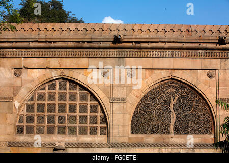 Travail Jali représentant des palmiers avec vrilles sculpté sur windows de Sidi Sayed mosquée à Ahmedabad Gujarat ; Inde ; Banque D'Images