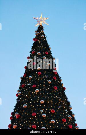 À la tombée de l'arbre de Noël rouge et or avec décorations babiole Star sur le dessus et bleu ciel jour copy space Banque D'Images