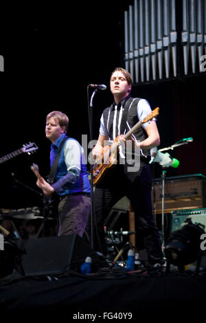 Arcade Fire le groupe jouant au festival de Glastonbury 2007. Somerset, Angleterre, Royaume-Uni. Banque D'Images