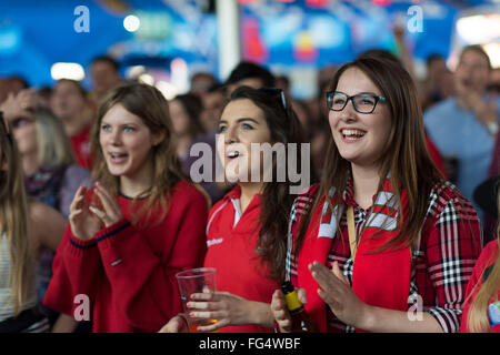 Le Pays de Galles rugby fans passionnés watch Pays de Galles au cours de la Coupe du Monde de Rugby 2015 dans la Fan Zone de Cardiff à Cardiff, Pays de Galles du Sud. Banque D'Images