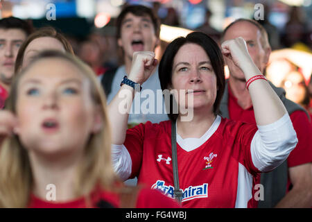 Le Pays de Galles rugby fans passionnés watch Pays de Galles au cours de la Coupe du Monde de Rugby 2015 dans la Fan Zone de Cardiff à Cardiff, Pays de Galles du Sud. Banque D'Images