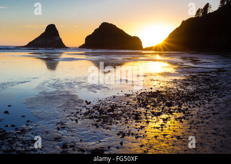 Tête Heceta Beach situé sur la magnifique côte de l'Oregon au coucher du soleil sur une bonne soirée d'été près de crépuscule. Banque D'Images