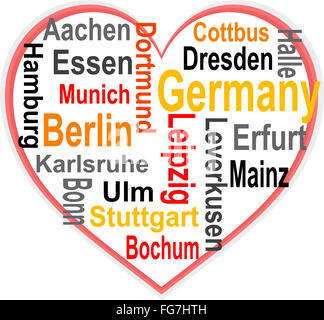 Coeur de l'Allemagne et les mots de nuages avec de plus grandes villes Banque D'Images
