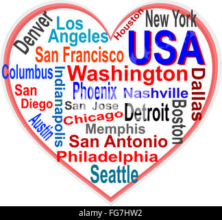 USA Coeur et mots de nuages avec de plus grandes villes Banque D'Images