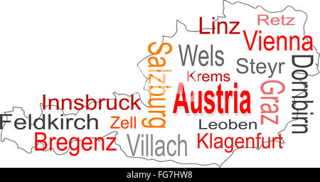 L'Autriche carte et Nuage de mots avec les grandes villes Banque D'Images
