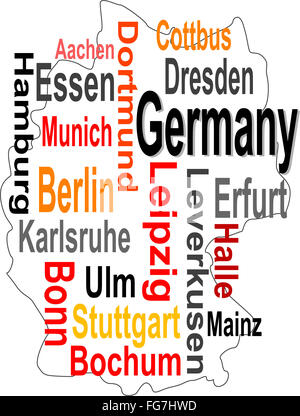 Carte de l'Allemagne et les mots de nuages avec de plus grandes villes Banque D'Images