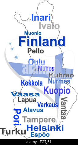 Finlande La carte et mots de nuages avec de plus grandes villes Banque D'Images