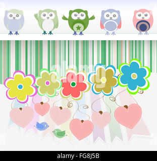 Sweet owls, fleurs, amour coeurs et oiseaux mignons Banque D'Images