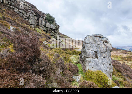 Pic noir moorland. Sur Crookstone rock pierre meulière de Moor au pied de la bordure orientale de Kinder Scout, Derbyshire Peak District, England, UK Banque D'Images