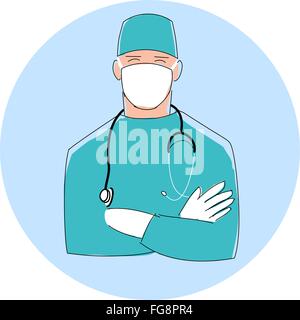 Docteur en masque. Chirurgien mâle. Télévision style design illustration avec le contour noir. Illustration de Vecteur