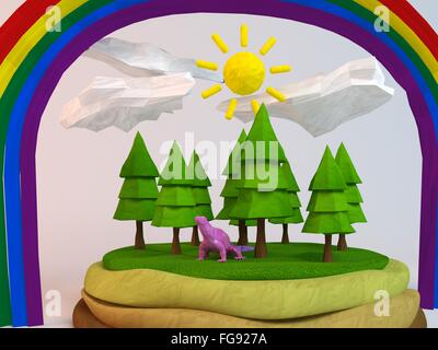 Lézard 3d à l'intérieur d'une scène avec poly green sun, arbres, nuages et un arc-en-ciel Banque D'Images