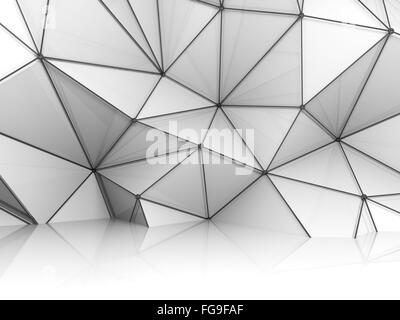 Abstract 3d intérieur blanc, relief polygonale chaotique sur le mur à l'aide de black metal wire-frame structure maillée Banque D'Images