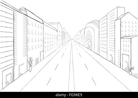 Paysage urbain, monochrome d'illustration vectorielle. Rue de la ville moderne avec des bâtiments, des gratte-ciel et d'arbres. Illustration de Vecteur