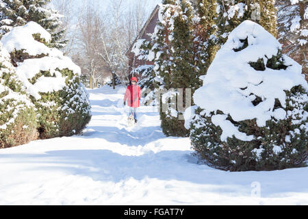 Woman in Red Jacket prend son petit chien (shih tzu) dans une forêt ou dans une région rurale dans la neige profonde dans le Nord de l'Ontario, Canada Banque D'Images