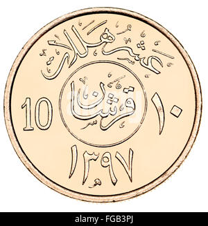 10 Halala Coin de l'Arabie saoudite montrant l'arabe écrit et symboles (cupro-nickel) et la date 1397 (1977) sur le calendrier Islamique Banque D'Images