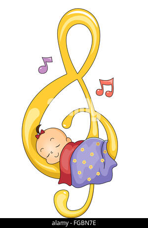 Illustration d'une petite fille dormir paisiblement sur un G-clef Banque D'Images