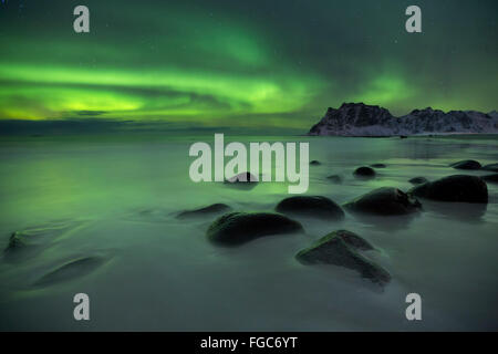 Les aurores boréales sur Uttakleiv beach sur les îles Lofoten, dans le nord de la Norvège en hiver. Banque D'Images