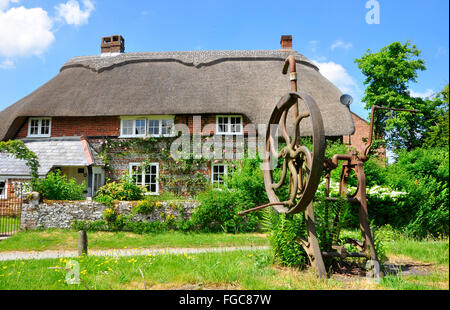 Vieille pompe de village sur le vert du village avec un cottage de chaume dans le fond du village de Martin , Hampshire, UK Banque D'Images