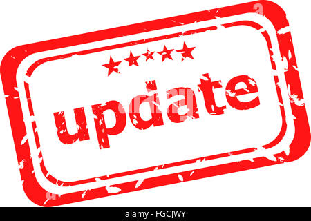Mise à jour sur les timbres en caoutchouc rouge sur un fond blanc Banque D'Images