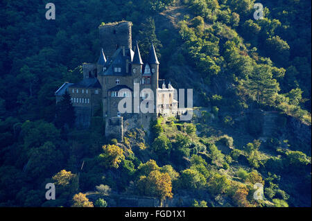 Château Katz touché par la première lumière du matin, la Vallée du Haut-Rhin moyen, Allemagne Banque D'Images