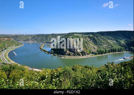 Curvation du rhin au Rochers de Lorelei, Panorama vue de la Lorelei, Vallée du Haut-Rhin moyen, Allemagne Banque D'Images